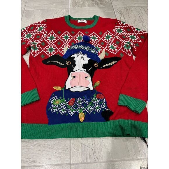 Holiday Time Cow With Light Up Necklace Ugly Christmas Sweater Men’s Medium - Picture 4 of 10